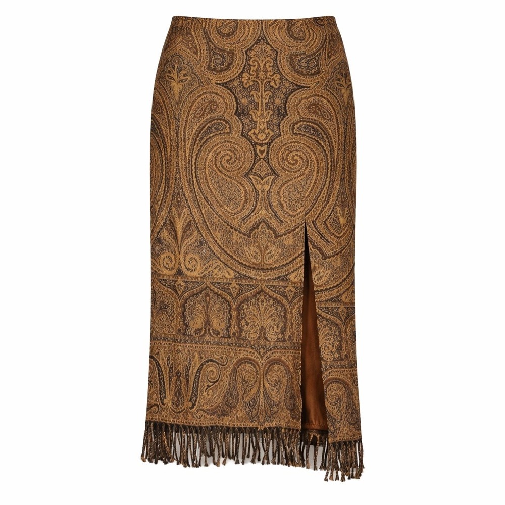 Vtg Made in Italy Tapestry Skirt Womens 12 Paisley Fringe Boho Midi Victorian